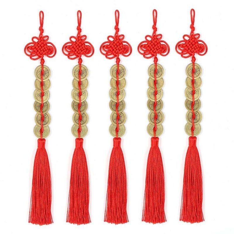 Topxome Retro 6 Coins Red Chinese Knot Copper Feng Shui Wealth Success Lucky Charm Home Car Hanger Decors (Pack of 5)